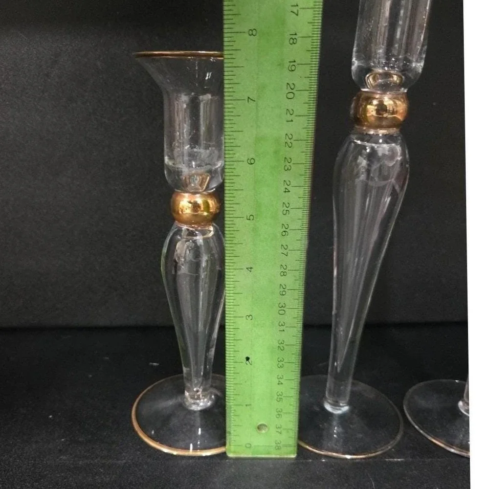 Long-Stemmed Fluted Glass Candlestick Holders, Set of 3 Vintage Gold-Rim Holiday